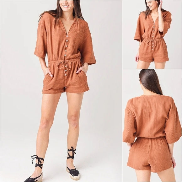 Z SUPPLY Zephyr Gauze Shorts Romper Brown Crepe Boxy Sleeves - Picture 1 of 10